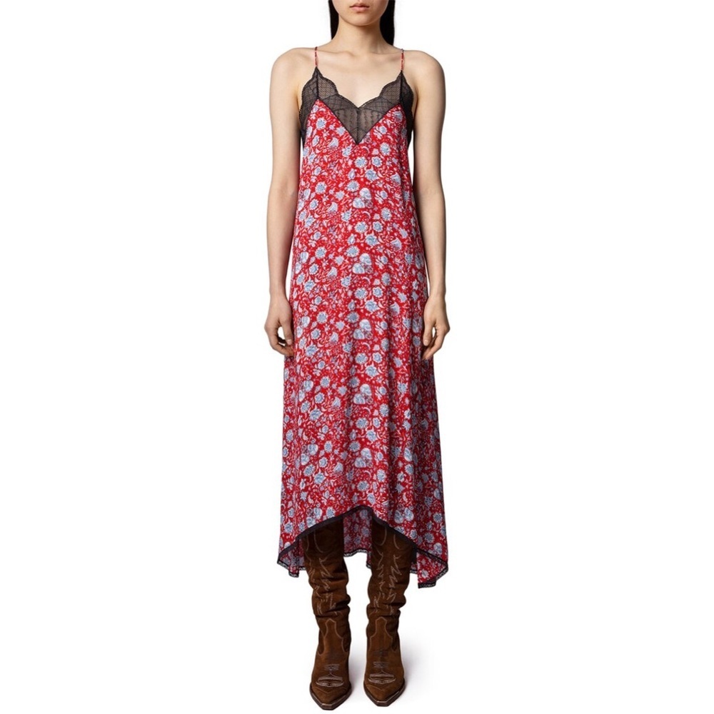 Zadig & Voltaire Floral Handkerchief Hem Dress NWOT Rare Red Lace Trim S